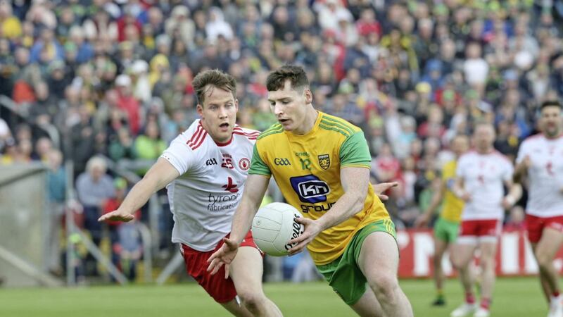 Donegal Jamie Brennan with Kieran McGeary of Tyrone in action during the Ulster Senior Football Championship semi final match played at Breffni Park, Cavan on Saturday 8th June 2019. Picture Margaret McLaughlin. 
