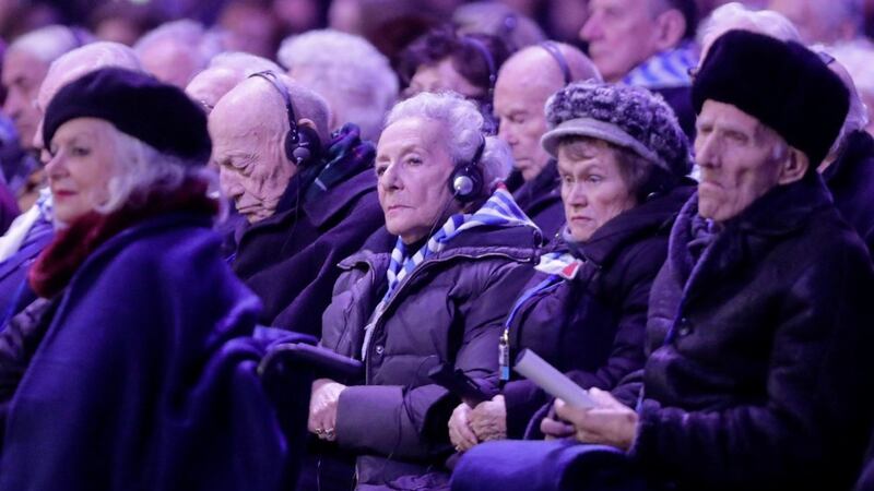 Holocaust survivors at the Auschwitz-Birkenau Nazi death camp in Oswiecim, Poland, on Monday, during ceremonies marking the 75th anniversary of the Soviet army&#39;s liberation of the camp. Picture by Markus Schreiber/AP 