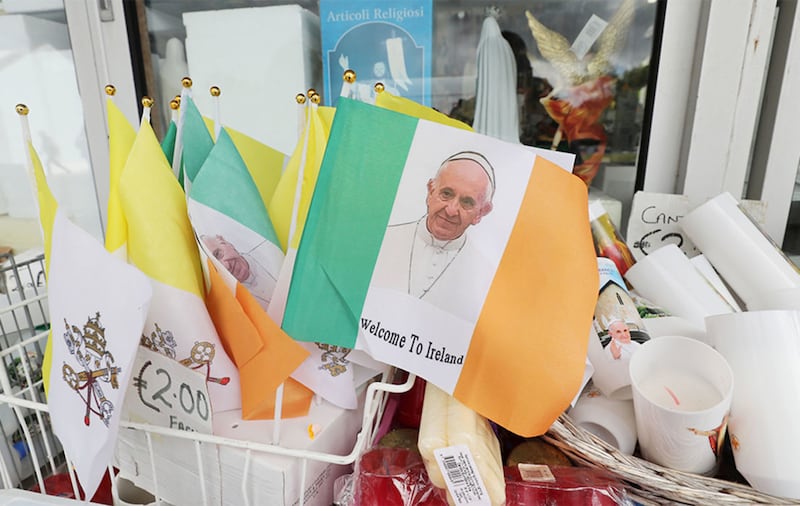 Flags on sale in Knock, Co Mayo, where Pope Francis will visit later this month. Picture by Niall Carson, Press Association&nbsp;