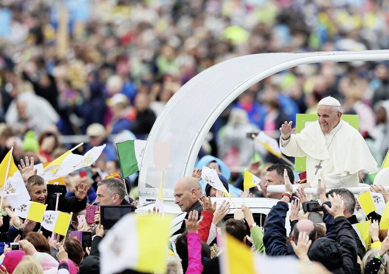 Pope Francis arrives to attend the closing Mass at the World Meeting of Families at Phoenix Park in Dublin. Picture by Brian Lawless, Press Association