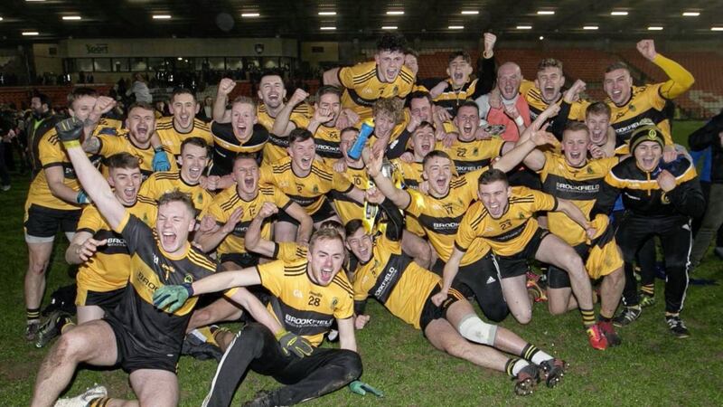 St Enda&#39;s celebrate their four-point win in Saturday night&#39;s Ulster Intermediate Football Championship final.Pic Philip Walsh. 