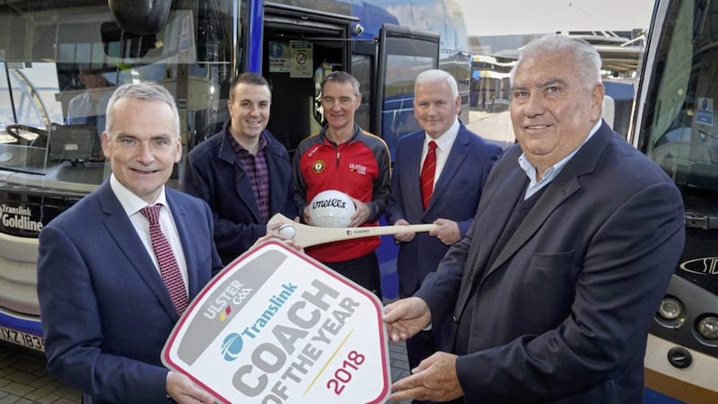 Translink group chief executive Chris Conway, Irish News sports journalist Neil Loughran, Ulster GAA coaching development manager Roger Keenan, Ulster Council PRO Michael Geoghegan and former Armagh manager Joe Kernan launch the 2018 Coach of the Year awards. Picture by Aaron McCracken 