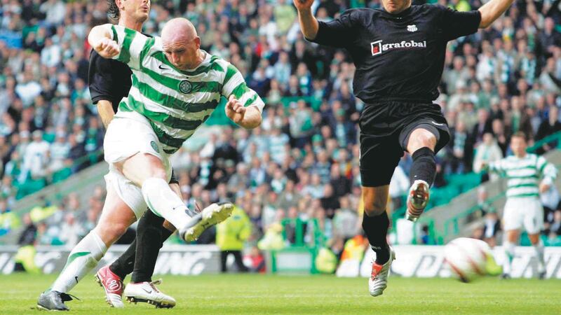 Celtic's John Hartson scores from the penalty spot against Artmedia Bratislava during the UEFA Champions League second qualifying round second-leg match at Celtic Park, Glasgow on Tuesday August 2 2005&nbsp;