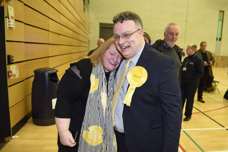 &nbsp;Alliance leader Naomi Long celebrated with her victorious candidate Stephen Farry in North Down with a hug and a wave for the cameras.