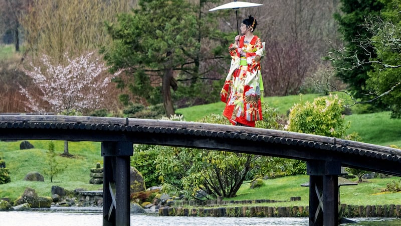 Model Sally Pritchett at the Japanese Garden in Cowden wearing an antique kimono ahead of the opening of the exhibition