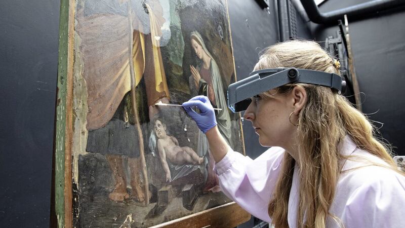 Conservation Fellow Olivia Stoddart restoring Baldassare Tommaso Peruzzi&#39;s The Nativity 