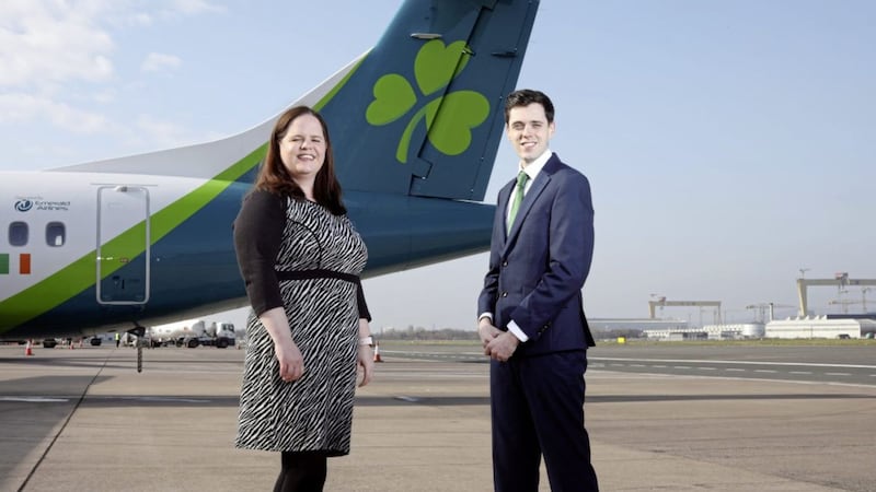 Ellie McGimpsey from Belfast City Airport (left) with Emerald Airline&#39;s head of commercial, Ciar&aacute;n Smith. 