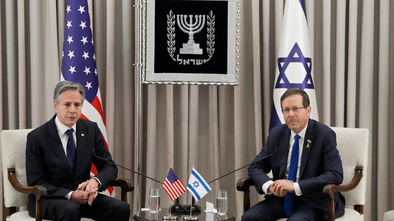 US secretary of state Antony Blinken, left, and Israel’s President Isaac Herzog during their meeting at the President’s Residence in Jerusalem, Israel (Mark Schiefelbein, Pool/AP)