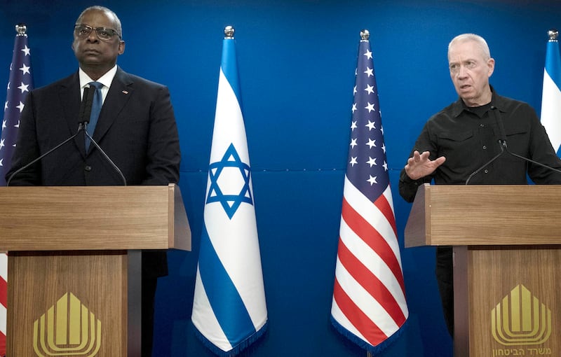 Israel Minister of Defence Yoav Gallant during a joint statement with Secretary of Defence Lloyd Austin (Maya Alleruzzo/AP)