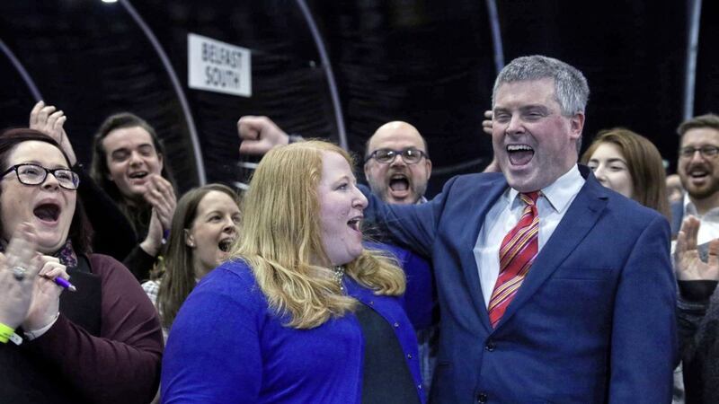 Alliance leader Naomi Long celebrates after being re-elected to East Belfast 