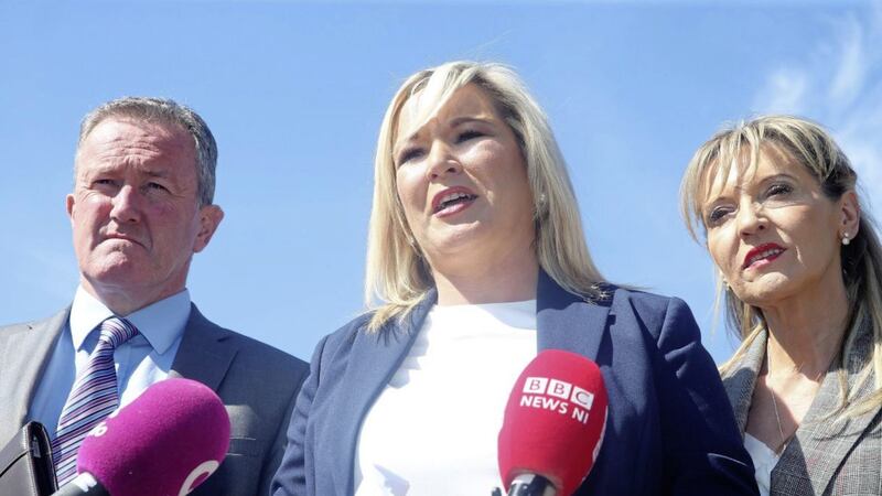 Sinn F&eacute;in's Michelle O'Neill flanked by party negotiator Conor Murphy and European MEP Martina Anderson at Stormont. Picture by Mal McCann