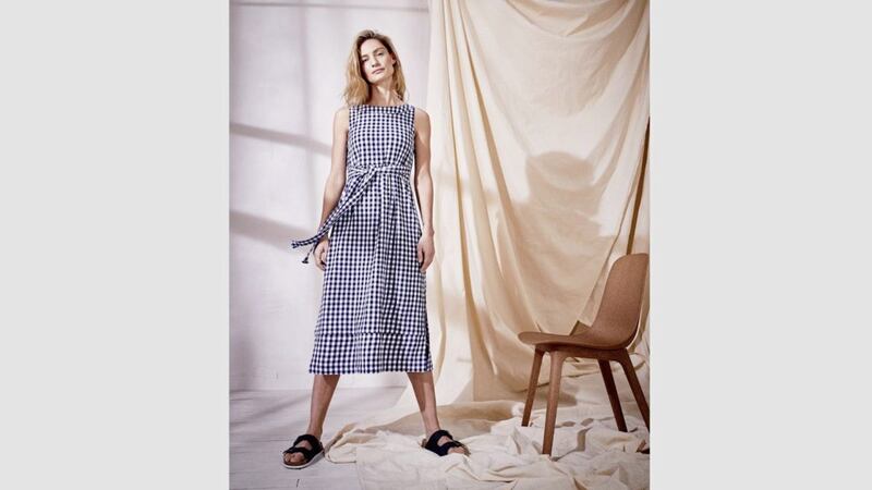 FatFace Laurie Gingham Midi Dress, &pound;55 (&euro;70); Meldon Footbed Leather Sandals, &pound;35 (&euro;44.50), available from FatFace 