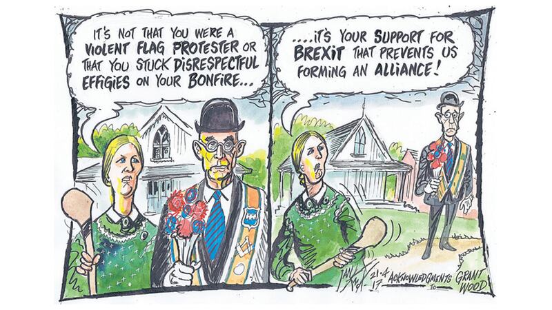 Ian Knox cartoon 21/4/17: Margaret Ritchie announces that the SDLP will not be making election pacts.  Colum Eastwood proposes an anti-Brexit election pact&nbsp;