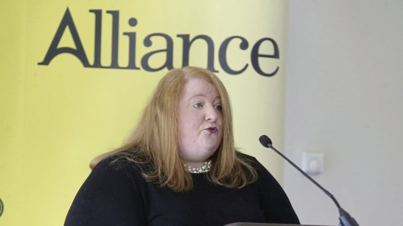 Alliance leader Naomi Long at the launch of her party&#39;s assembly election manifesto. Picture by Hugh Russell  