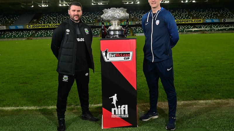 Linfield manager David Healy and Coleraine boss Oran Kearney pictured at the press conference for the BetMcLean League Cup final at Windsor Park on March 12    Picture: Pacemaker