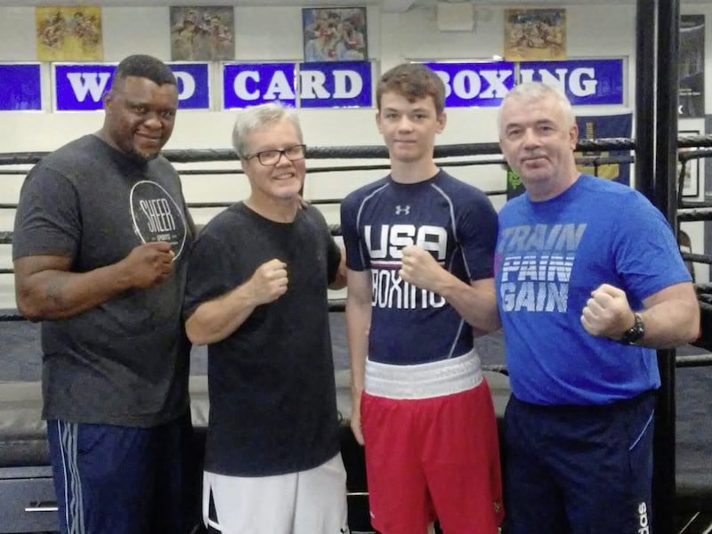 Aaron McKenna with dad Fergal (right), renowned trainer Freddie Roach and Courage Tshabalala at Roach&#39;s famous Wild Card Gym. Light-welter McKenna is included on the Irish team that travelled to Russia yesterday for the Nikolay Pavlyukov tournament 