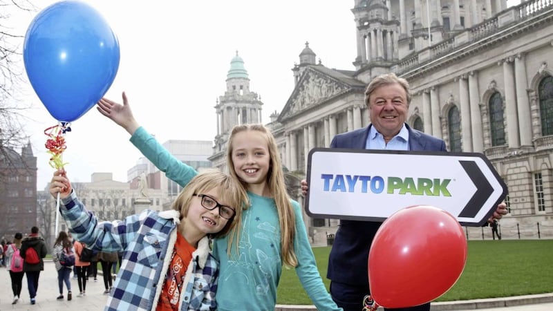 PARK LIFE: Amelia Bell (10) and brother Isaac (7) from Belfast look forward to Tayto Park&rsquo;s new 2017 season with its founder Raymond Coyle (right) 