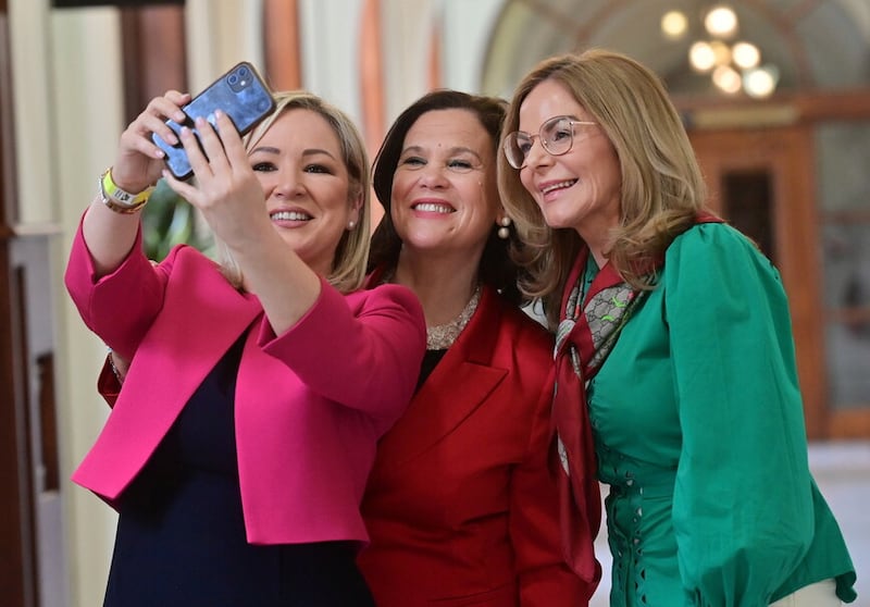 Sinn Féin's Mary Lou McDonald, Michelle O'Neill and Belfast mayor Tina Black. Picture by Pacemaker 