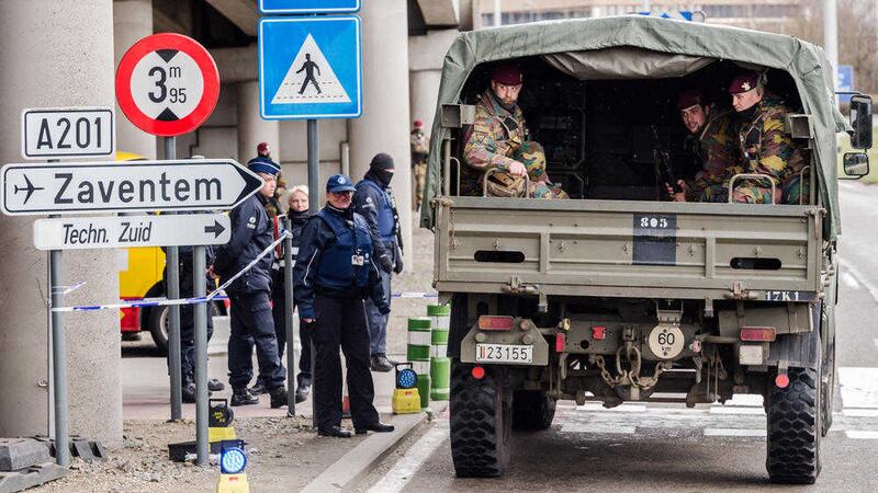 Belgian police and soldiers secure the area outside Zaventem Airport in Brussels. Picture by Geert Vanden Wijngaert, Associated Press