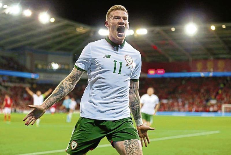 Republic of Ireland&#39;s James McClean celebrates scoring Ireland&#39;s winner at the Cardiff City Stadium 