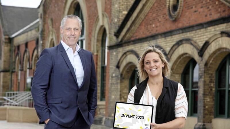Gavin Kennedy, head of business banking for NI at Bank of Ireland and Kerry McGarvey, programme manager at Catalyst, invite people to register to attend the Invent Awards 2020. Picture: Matt Mackey/Presseye 