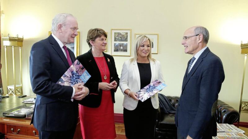 Before it collapsed amid acrimony, the Stormont executive - including, pictured from left, deputy first minister Martin McGuinness, first minister Arlene Foster and health minister Michelle O&#39;Neill - agreed to press ahead with health service reforms recommended by Professor Rafael Bengoa, pictured right. Waiting lists have only lengthened since then. Picture by Kelvin Boyes/Press Eye 