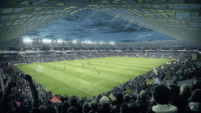 A computer-generated image of how a re-developed Casement Park would look on a match day. 