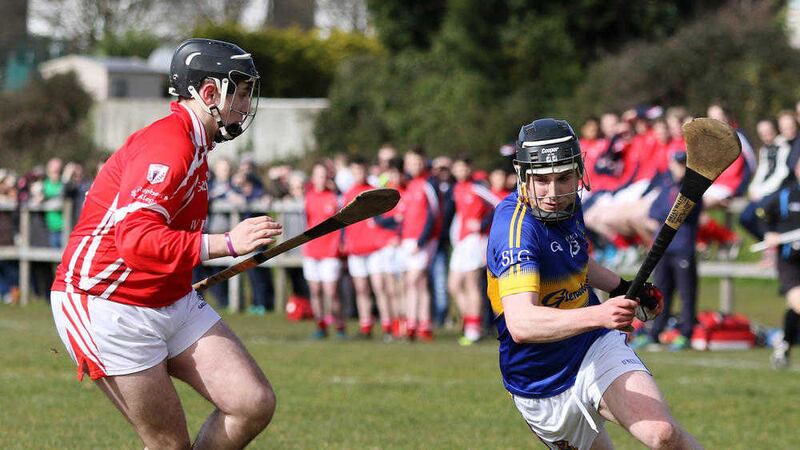 St Louis', Ballymena's Ciaran Elliott (right), who scored his team's opening goal in their win over St Raphael's, Loughrea&nbsp;<br />Picture by Dylan McIlwaine