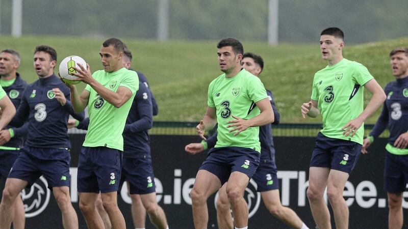 Declan Rice (right) during a training session at the FAI National Training Centre, in Dublin 