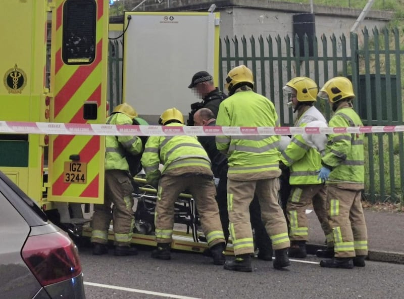 Emergency services at the scene of the crash on the Whiterock Road in west Belfast 
