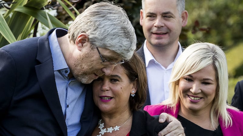 Sinn Fein's John O'Dowd (left) with leader Mary Lou McDonald (centre), and deputy leader Michelle O'Neill (right), before a party away day during the summer at the Carrickdale Hotel and Spa. Picture by Liam McBurney/PA Wire