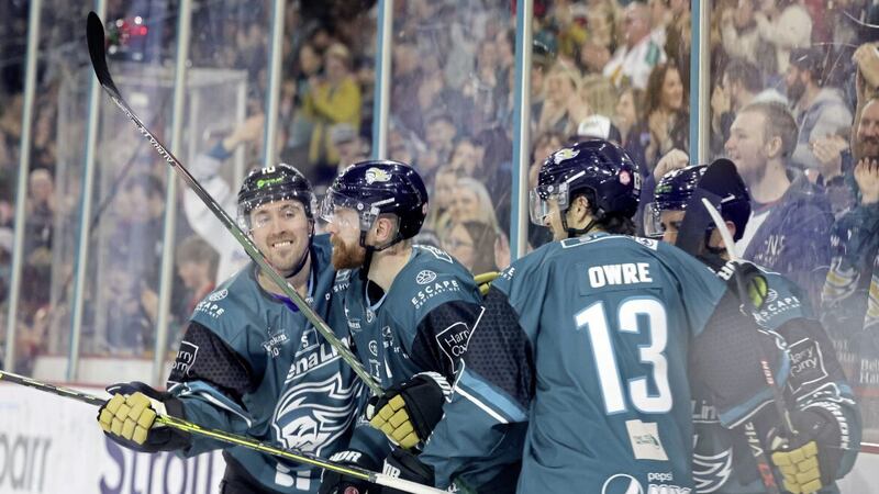 Belfast Giants&rsquo; Ciaran Long celebrates scoring against the Fife Flyers with Mark Cooper during Wednesday night&#39;s Challenge Cup final at the SSE Arena, Belfast Picture by William Cherry/Presseye 
