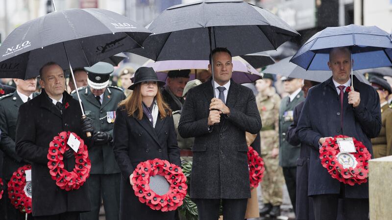 (l to r) Chris Heaton-Harris, Jayne Brady, Leo Varadkar and US Consul General Belfast James Applegate attended the Remembrance Sunday service at the Cenotaph in Enniskillen (Liam McBurney/PA)
