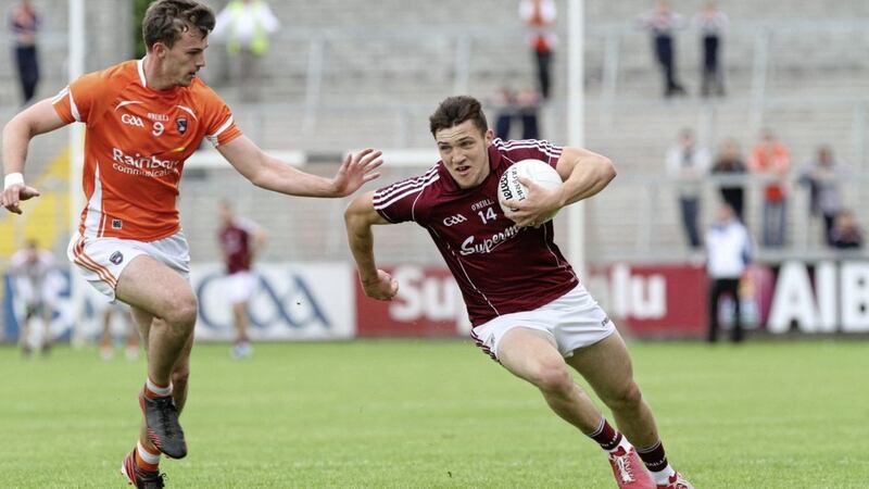 Armagh goalkeeper Ethan Rafferty playing outfield against Galway's Damien Comer in the Round 2B All-Ireland qualifier at the Athletic Grounds on July 12, 2015. <br />Picture Colm O'Reilly