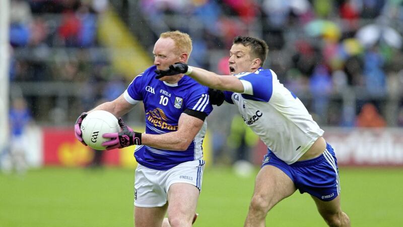 Cavan&#39;s Cian Mackey caused problems for Ryan Wylie and the Monaghan defence Picture by Seamus Loughran 