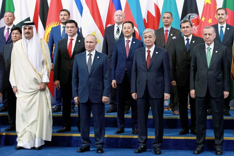 Recep Tayyip Erdogan at a conference with leaders, including Vladimir Putin, in Kazakhstan 