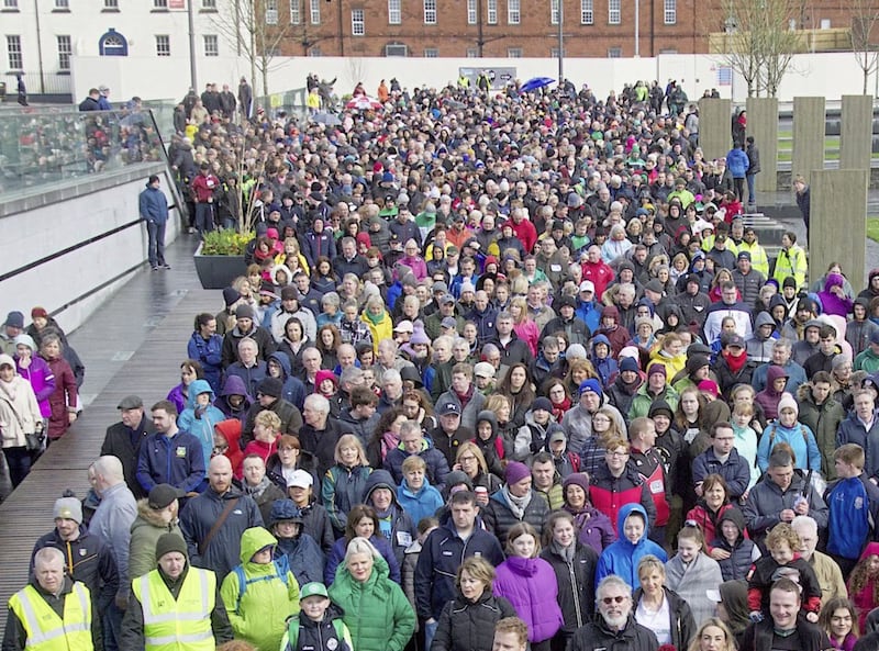 The Chieftain&#39;s Walk in memory of Martin McGuinness taking place in Derry on Sunday, lead by Mrs Bernie McGuinness, children and grandchildren. The fundraising event raising money for local charities marks the second anniversary of his death. Picture Margaret McLaughlin 24-3-2019  &Acirc;&copy;. 
