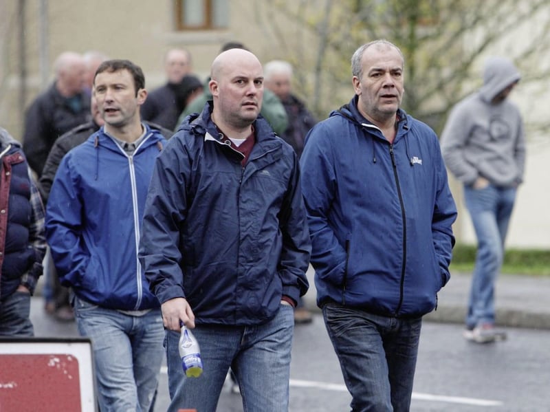 Dee Fennell and Colin Duffy pictured at the Patricia Black Commeration parade in west Belfast &nbsp;