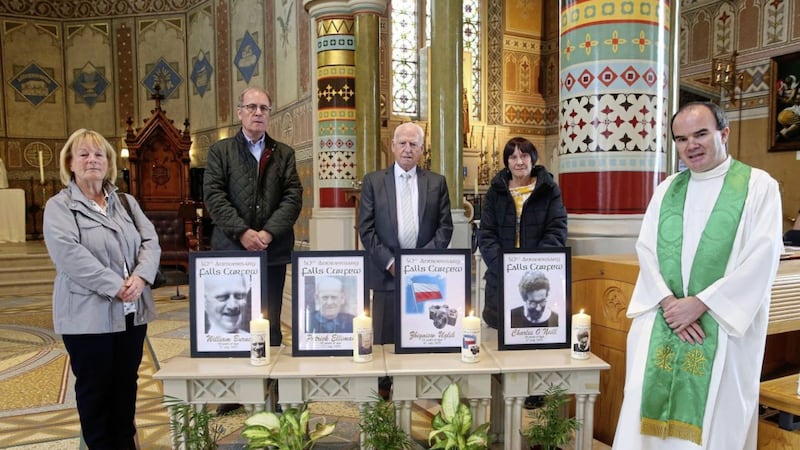 Fr Brian Watters with Collette McDade, Paul Wilson, Patrick Eliman, Rita Elliman relatives of the people killed during the Falls Curfew following a commemorative Mass at St Peter&#39;s. Picture by Mal McCann. 