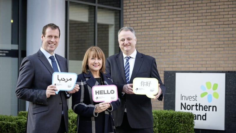 Launching the initiative are (from left) Steve Harper (executive director international business at Invest NI), Ann McGregor (chief executive of NI Chamber) and John Healy (president of NI Chamber). Photo: Matt Mackey/Press Eye 