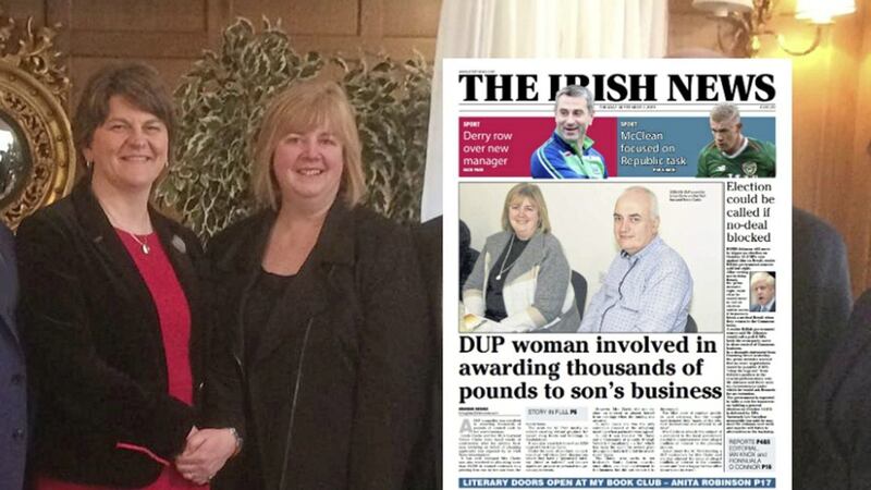 DUP councillor Linda Clarke, right, with party leader Arlene Foster, and inset, how The Irish News revealed the controversy 