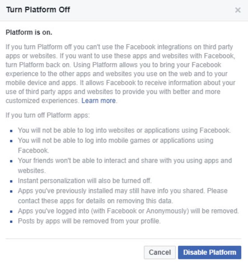 Platform settings page on Facebook (PA)