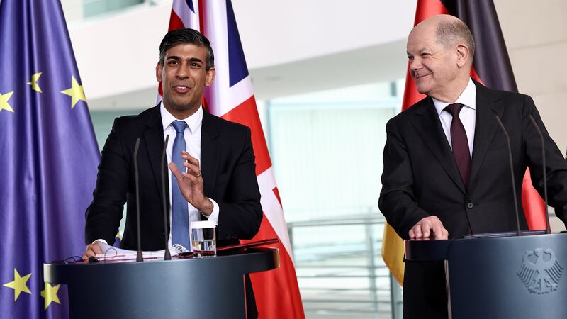 Prime Minister Rishi Sunak and Germany’s Chancellor Olaf Scholz speak during a press conference at the Chancellery in Berlin