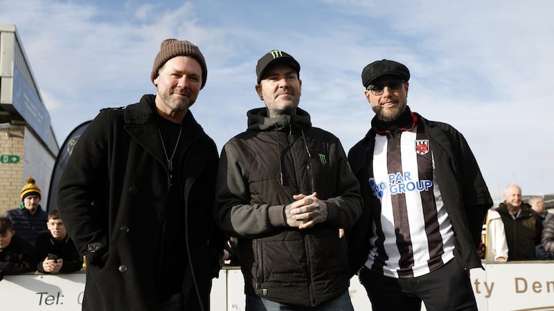 Keith Duffy and Shane Lynch of Boyzone with Brian McFadden of Westlife ahead of the FA Trophy fifth round match at Victory Park, Chorley