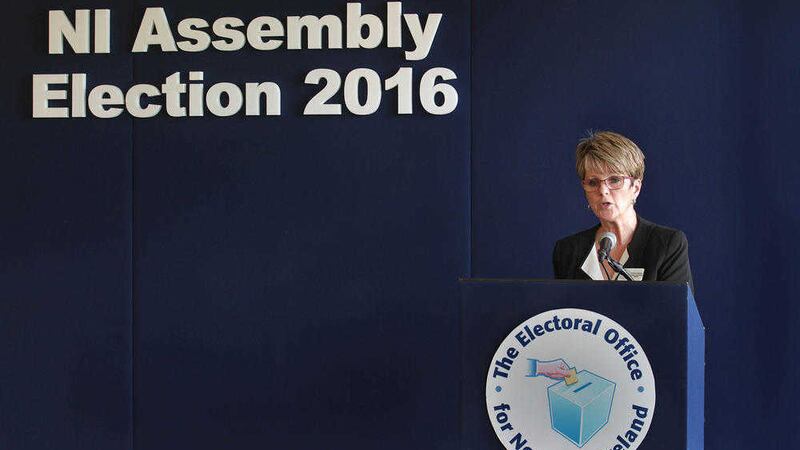 EAST DERRY NI ASSEMBLY ELECTION 16 - Deputy returning officer Patricia Murphy announcing the quota for East Derry during the NI Assembly Election count at the Foyle arena in Derry city on Friday. Picture Margaret McLaughlin &copy; 6-5-16 