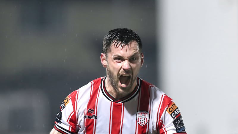 Derry City Pat Hoban celebrates his first goal against Drogheda United at the Brandywell on Friday night. Picture Margaret McLaughlin  16-2-2024