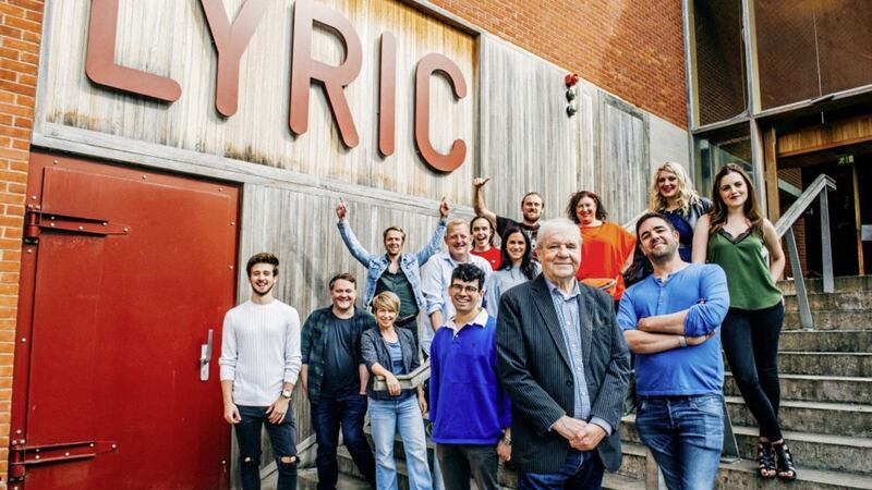 Terri Hooley, front, pictured with Aaron McCusker and members of the cast of the Lyric&#39;s upcoming stage version of Good Vibrations 