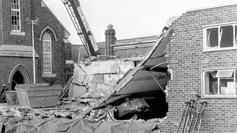 A collapsed roof at the Royal Marine School of Music in Kent in 1989 after an IRA bomb tore apart the recreation centre killing 11 people. Picture by PA Wire 