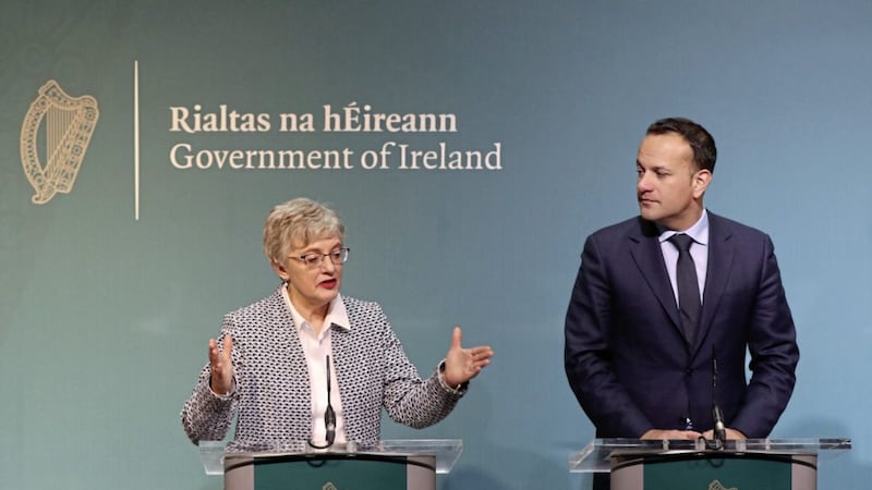 decision: Far left, minister for children and youth affairs Katherine Zappone and Taoiseach Leo Varadkar briefing the media last month on plans for an abortion referendum. Health minister Simon Harris has been given the go-ahead to finalise a bill to delete the eighth amendment 
