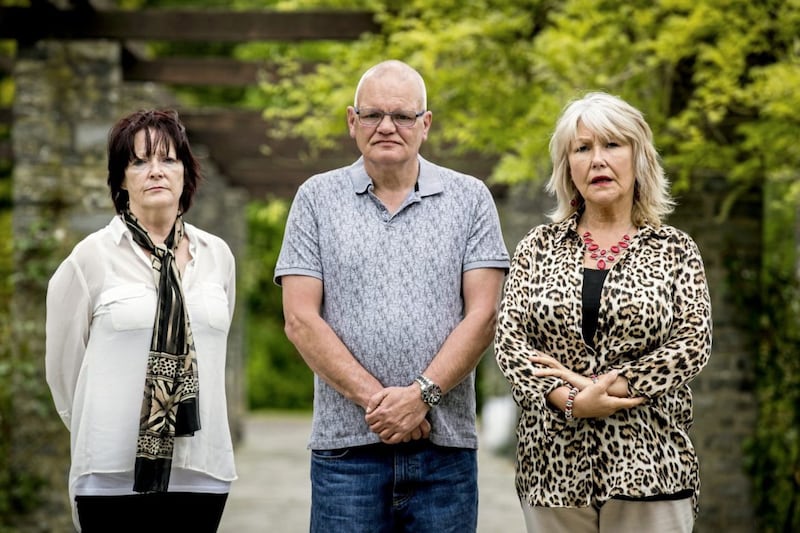 (left to right) Kate Walmsley, Ron Graham, and Margaret McGuckin from the SAVIA lobby group, have called on the Northern Ireland Secretary of State Karen Bradley to resign in her failure to process payments to survivors and victims of institutional abuse in Belfast, Ireland. PRESS ASSOCIATION Photo. See PA story ULSTER Politics. Picture date: Tuesday May 15, 2019. Photo credit should read: Liam McBurney/PA Wire. 